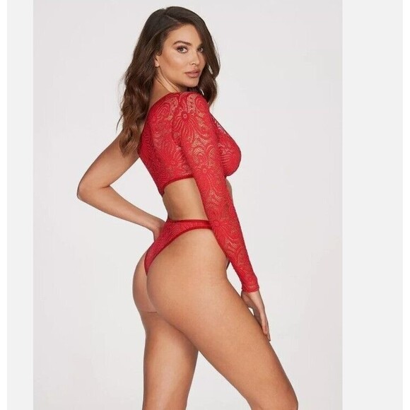 Frederick's of Hollywood Bodysuit MEDIUM Red Lace Kerry One Sleeve Cut-Out NWT - Picture 3 of 9